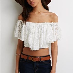 White lace off the shoulder crop top